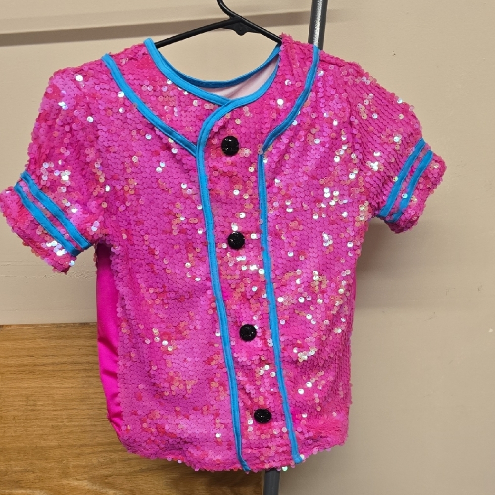 Weissman Sparkling Pink Sequin Dance Top with Blue Trim